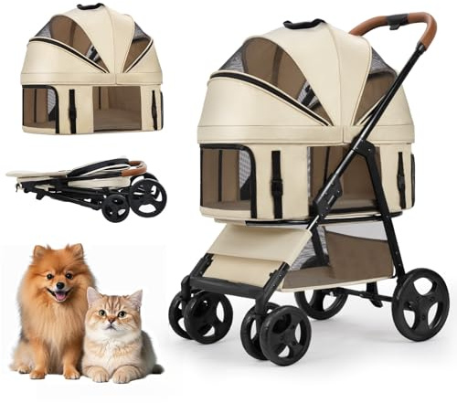 4 Wheels Pet Stroller for Small/Medium Dogs and Cats,Dog Stroller with Detachable Carrier and Storage Basket,One Click Folding,Compact Portable,Up to 50lbs,3 in1 Multifunctional(Khaki)