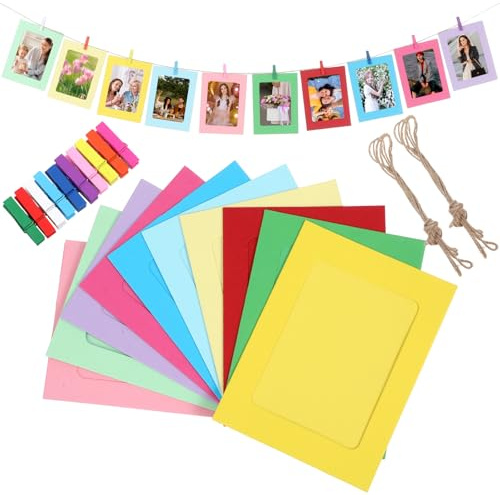 Nogeqi 20 marcos de fotos de papel de 11,2 x 15,4 cm, guirnalda de fotos, guirnalda de papel multicolor, cuerda de fotos con pinzas y cuerda de cáñamo, creativo para fotos, hogar, escuela, oficina