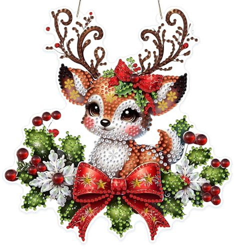 MOGTAA Weihnachten Diamond Painting Anhänger Hirsch, Tiere Diamond Painting mit Kette Kinder Erwachsene, Diamant Painting Fensterbilder Beidseitig, Hängende Ornament Bastelset Set für Wand Decor