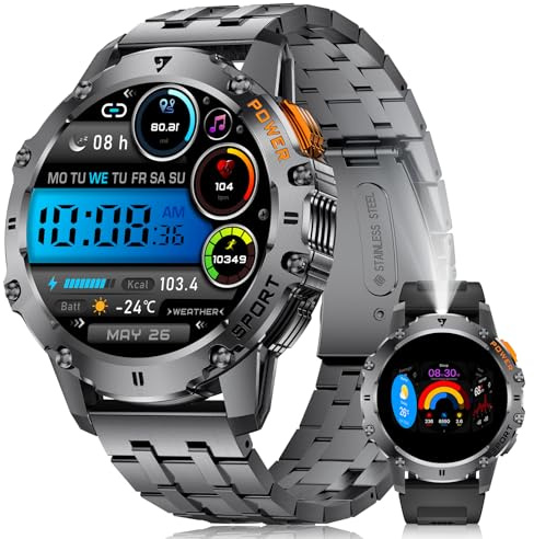 BENYAR SMART Smartwatch Herren mit Taschenlampe für Android iOS 1.43'' Amoled Outdoor Sportuhr Smartwatch mit 110 Sportmodi,Pulsmesser/Schlafmonitor,IP68 Wasserdicht Schrittzähler,2 Bänders