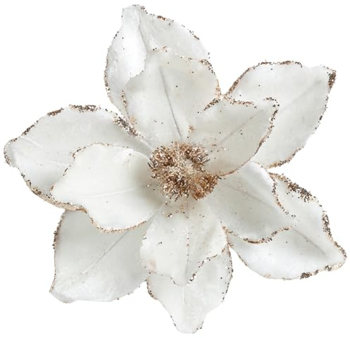 GL-Turelifes 6 Stück 10,2’’ Große Glitter Weihnachtsblume Samt Magnolia Blumen Künstliche Falte Weihnachtsbaum Blumendekorationen Weihnachtsbaum Neujahrsfeier Hochzeitsornamente (Creme Weiß)