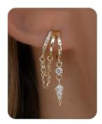 PRTGL Illusion Earrings - Hoop Earrings for Women 14ct Gold Plated Tiny Cubic Zirconia Accented Triple Small Open Hoop Chain Drop Huggie Earings Trendy