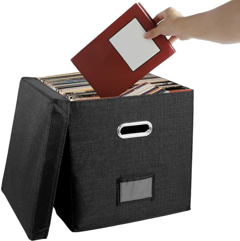 Sutowe Boîte de rangement pour plus de 50 disques simples - 33 x 33 x 33 cm - Boîte de rangement pour album LP - En tissu - Avec couvercle - Pour déménagement, bureau, armoire - Noir