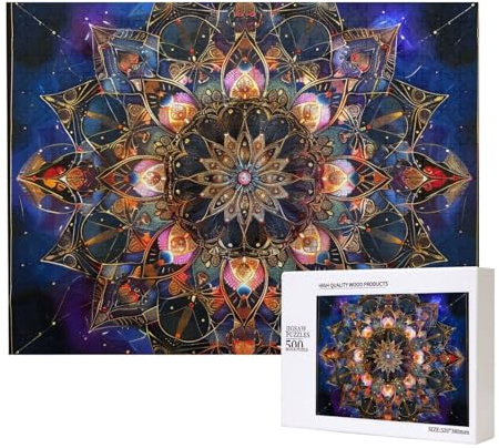 500 Teile Puzzle mit Aufbewahrungsbox, rechteckiges Mandala-Kunst, bedrucktes Holzpuzzle 52 x 38 cm, für Erwachsene, Kinder, Familie, lustiges dekoratives Spiel