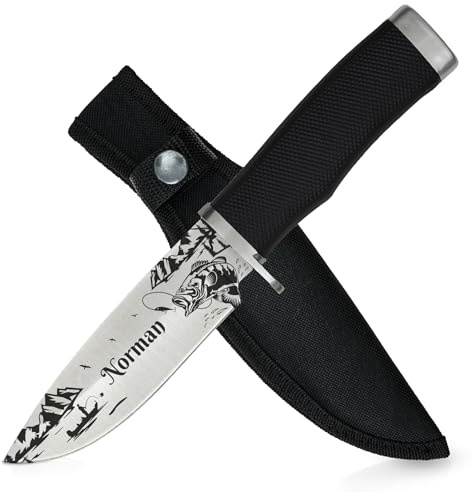 ADAM WILD Angelmesser mit Gravur | Angelzubehör & Geschenk für Angler | Personalisiertes Anglermesser mit Name & Motiv graviert | gummierter Griff & Messertasche aus Nylon | für Angeln & Outdoor