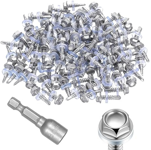 100Stück Selbstschneidende Schrauben Edelstahl 401 Trapezblechschrauben mit Dichtung, M4,8x19mm Bohrschrauben mit Dichtscheibe, Sechskant Spenglerschrauben, Metalldachschrauben, mit 8mm Steckschlüssel