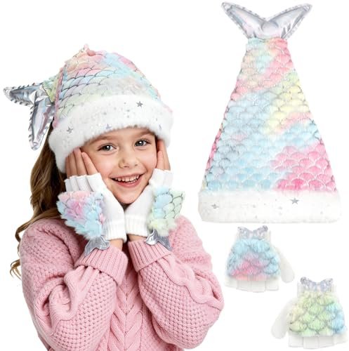 Hifot Meerjungfrau Mütze Handschuhe Set Kinder, Meerjungfrau Mütze Mädchen Handschuhe Mädchen, Strickhandschuhe Wintermütze Kinder, Winter Warme Beanie Fingerhandschuhe mit Kappe Set Geschenkideen
