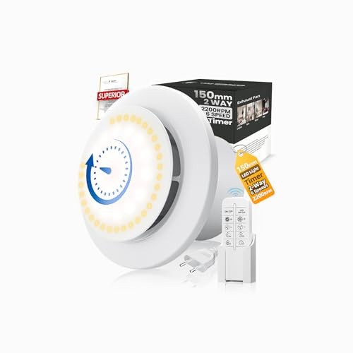 Extractor de Baño de 150 mm Temporizador,2200tr/min 350m³/h,VMC 2 Dir 6 Velocidades con LED Iluminación+MandoADistancia,Caudal De Aire Potente 8W Motor DC Fácil Instalar Sala De Baño