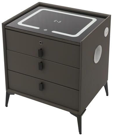 3 Drawer Smart Bedside Table with Fingerprint Lock & Wireless Charger | with USB Port, Bluetooth Speaker, and Mood Light; Suitable for Bedroom, Study, Living Room, and Office