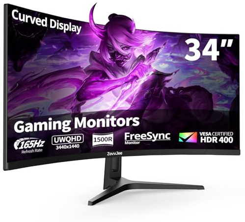 ZovvJee 34 Inch Curved Gaming Monitor | 165Hz 4K (3440x1440), 1500R, 1ms MPRT, HDR400, 99% sRGB, FreeSync Premium, HDMI/DP Ports, VESA Mount