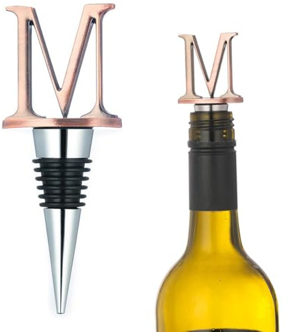YAPKOLV Wine Bottle Stopper, Stopper for Sparkling Wine, Champagne, Prosecco, Vacuum Wine, Wine Accessories, Gift Ideas, Women Gift, Men's Gift, Wine Lovers Gifts, Rose Gold Cap, Letter M