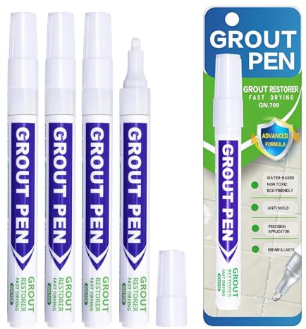 Bamily 4PCS White Grout Pens for Tiles, Tile Grout Restorer Repair Marker, Waterproof Mold-Resistant Fast-Drying Water-Based, For Bathroom Kitchen Wall Floor Ceramic Porcelain Tiles