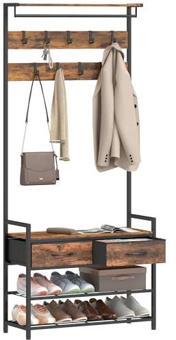 HOMCOM Garderobenständer mit Schuhbank, 10 Haken, 181,5 cm, Rustikal-Braun
