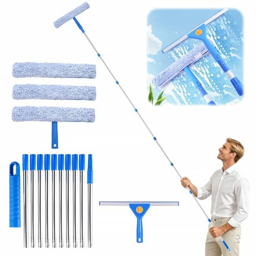 Window Cleaning Heavy Duty Glass Cleaning Equipment Versatile Washing Kit | Professional Window Squeegee & 3 Microfiber Cloth Scrubber & 10 Sectional Pole 3.82m for Outdoor Home Use