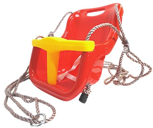 Siège de balançoire pour bébé avec arceau de sécurité et sangle, réglable en hauteur, résistant aux intempéries, avec cordes et anneau en acier, 2 pièces en polyéthylène solide, rouge/jaune, jusqu'à