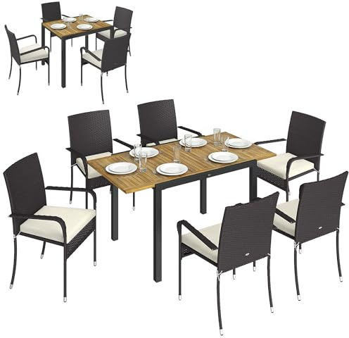Outsunny Conjunto de Mesa y Sillas Jardín de Ratán de 7 Piezas, Crema