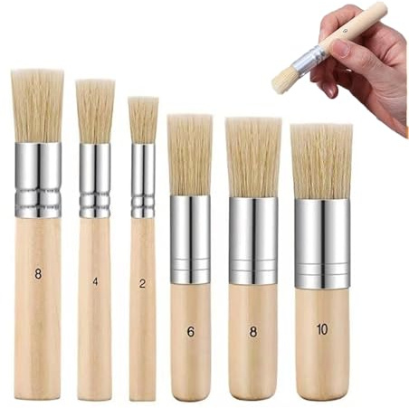 6 Pack Wooden Stencil Brush 5 Sizes No. 2/4/6/8/10 for Painting | Natural Bristle Stencil Brushes with Wooden Handles for Acrylic Oil Watercolor Painting, DIY Crafts, Waxing, Glazing, Pottery