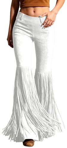 Women's Western Boho High Waist Wide Leg Flared Trousers Cowgirl Fringe Trousers Carnival Costume Long Chaps Tassels Vintage Party Slim Fit Casual Outdoor Trouser Elastic Waist Casual03 White