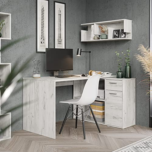 RICOO Eckschreibtisch mit Stauraum Eiche Picard Weiß WM083-EP L Form Schreibtisch mit Schubladen 136x101x75 cm Computertisch Bürotisch PC Tisch Ecke Winkelschreibtisch Schreibtische Holz