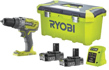RYOBI - Taladro Atornillador Percutor 18V ONE+ - Par 50Nm, Velocidad 500-1800 RPM, Portabrocas 13mm, 2 Baterías Li+ 2,0 Ah, Cargador 1,5A, Toolbox, 17 Accesorios de Atornillado - R18PD3-220T