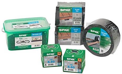 SPAX Terrassenbau-Set, Erweiterungs-Set – Größe bis ca. 6qm, Terrassenschrauben Edelstahl rostfrei A2, Terrassendielen Abstandshalter, Tape und Pads – 5000009100049