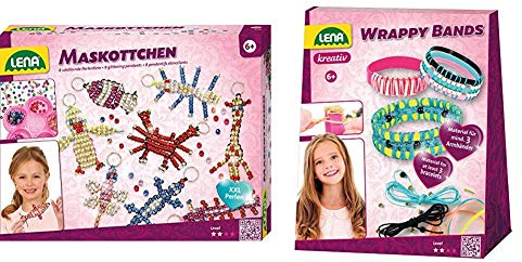 Lena Bastelset für 8 Maskottchen, Komplettset für 8 Glücksbringer/Schlüsselanhänger mit 740 Fädelperlen & Bastelset Wrappy Bands, Komplettset für mindestens 3 Wickelarmbänder mit 7 Silikonbänder