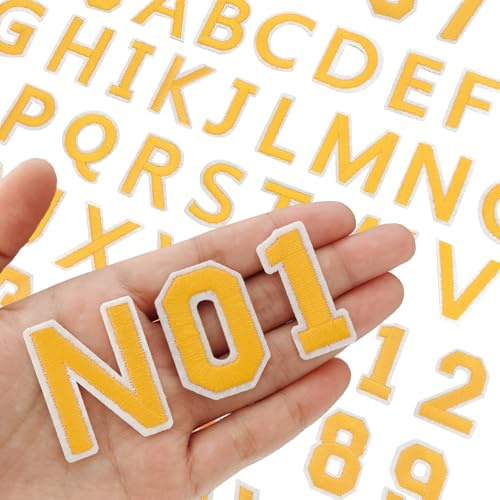 Harsgs Aufnäher zum Aufbügeln mit Buchstaben A–Z, Zahlen 0–9, Applikation für Kleidung, Kleid, Hut, Jeans, DIY-Zubehör, Gelb, 72 Stück
