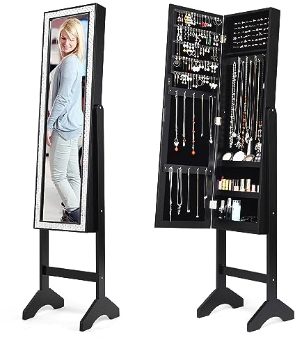GOPLUS Schmuckschrank mit Standspiegel, Makeup Schmuck Spiegelschrank mit Regal & Kasten, Stehende Schmuckregal mit Bling-Design, für Schmuck & Kosmetik, Farbwahl (Schwarz)