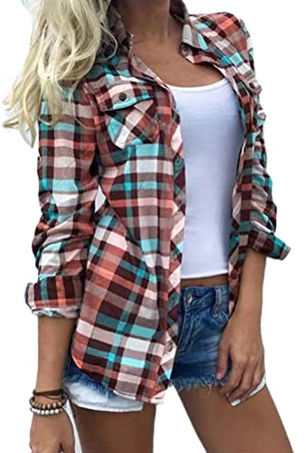 nicticsi Chemisier Femme Blouse Manches Longues Impression en Treillis Casual Boutonné Shirt Chemisier avec Poches Vintage Tops