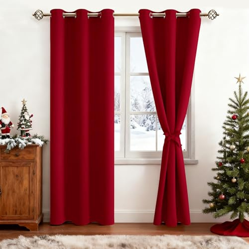 JIUZHEN Verdunklungsvorhänge mit Ösen Gardinen Schlafzimmer Rot H228xB117cm | 2er Set Vorhänge Blickdicht gegen Kälte und Hitze Ösenschal Blackout Curtains Weihnachtsgardinen Wohnzimmer Schlafzimmer