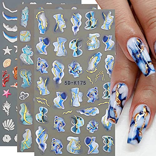 Nagelsticker Selbstklebend, 5D Marmor Nagelsticker Gold Linien Nagel Aufkleber Sticker, 5D Sommer Nail Art Sticker Nagelaufkleber Nageldesign für DIY Nagel Dekoration(3Blatt)