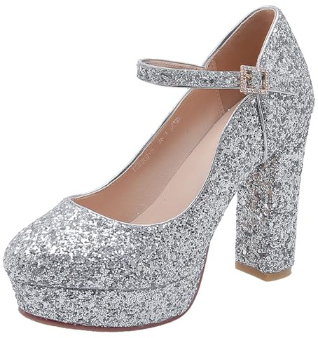 Scarpe Mary Jane da Donna con Tacco Largo, Pompe al Tallone Alto Punta Rotonda Fibbia Scarpe da Sera con Plateau Paillettes Eleganti Scarpe da Festa Mmbxqq Argento Numero 32 EU