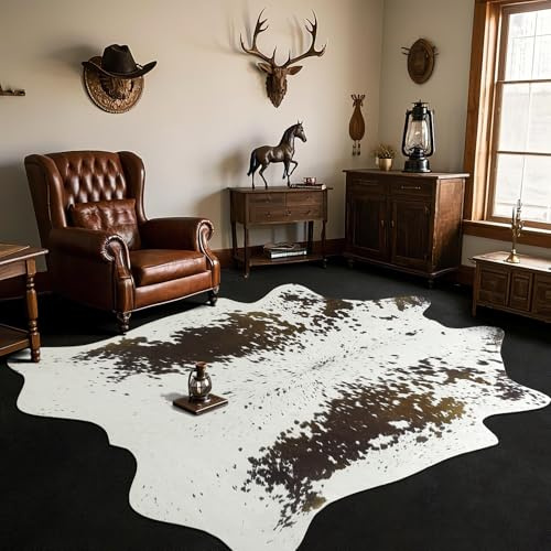 B BENRON Western Cowhide Rug, Faux Cow Hide Rugs for Living Room Bedroom Home Decor, Non Slip Cute Rug with Irregular Animal Skins and Hides, Brown and White, 5.2 x 6.2ft
