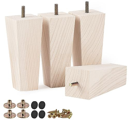 Btowin 8 inch Ash Wood Pyramid Furniture Legs with M8 Bolts, 4Pcs | Unfinished Ash Wood, Straight Grain. 400lb Load Capacity. Hardware Included. Upgrade for Sofa & Cabinet, Mid-Century Modern.