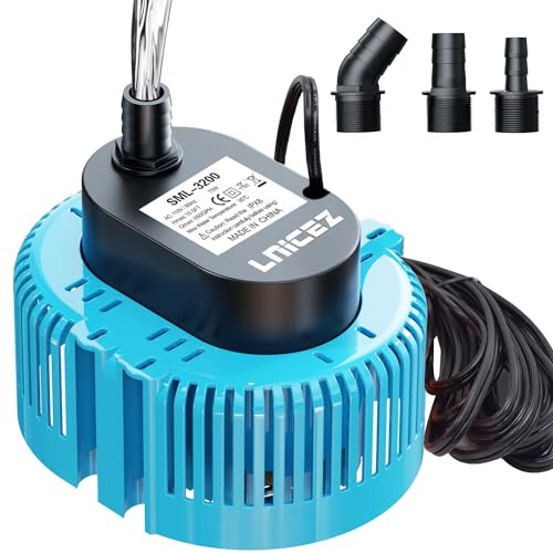 Lnicez Pool Cover Pump 850GPH Pond Pump, Low Investment & Same Performance, Sump Pump Submersible Water Pump for Pool Draining, Above Ground Pool Pump for Pool Cover, Pond, 3 Adapters Without Hose
