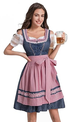 Dresime Dirndl Damen Midi Trachtenkleid Damen Blau Rose Kleid inkl.Dirndlbluse für Oktoberfest Outfit