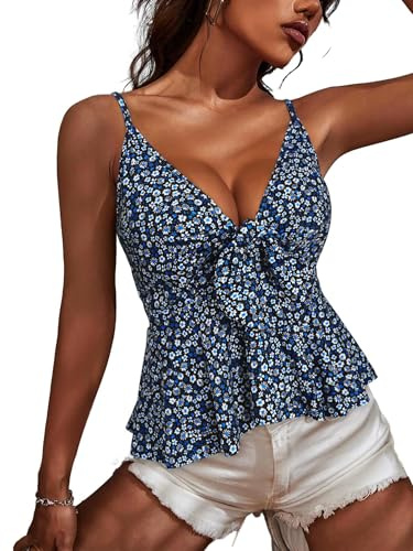 HUHOT Womens Summer Tops Sexy Camisole Tops Spring Flowy Boho Contry Concert Tie Front Spaghetti Strap Peplum Tops for Women