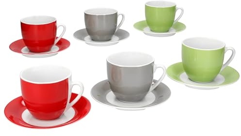MamboCat Variant Trio Kaffeetassen mit Untertassen für 6 Personen in Grün, Rot & Grau I farbige Porzellan-Set für Frühstück & Kaffee I Je 6X Teetassen 200ml & Untertassen I Geschirr für Zuhause