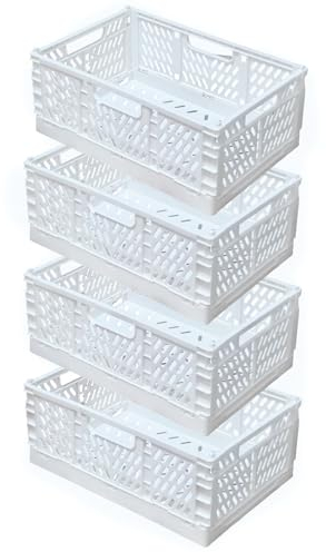 EURXLQ 4 Cestino Portaoggetti Pieghevole e Impilabile, Cassette in Plastica per La Cucina, Bagno, Ufficio (Bianco, 30×20×12cm)