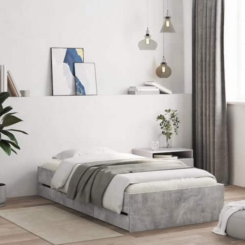 Rantry Bett mit Schubladen Stauraumbett Bettgestell Holzbett Bett Einzelbett Doppelbett Bettrahmen mit Lattenrost Jugendbett Schubladenbett Schlafzimmer Betongrau 75x190 cm Holzwerkstoff