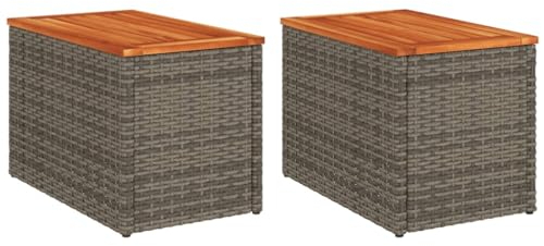 SDWEHO7 Garten Beistelltisch 2er Set, Couchtisch Gartentisch Balkontisch Polyrattan Gartenmöbel Kaffeetisch Teetisch Rattantisch mit Holzplatte, Grau 55x34x37 cm