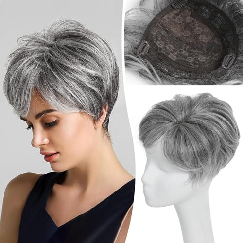 PORSMEER Haar-Topper, 17,3 x 17,8 cm, Pixie-Schnitt, kurze Haar-Topper für Damen, flauschiges Kunsthaar, Clip-in-Oberteil, gewellt, silberblond, Ersatzperücken (Silbergrau mit dunkler Wurzel)