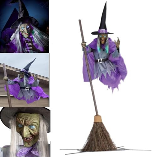 SHIFuXX Flying witch halloween decor on broom，flying witch，magic broom halloween，Halloween Decorations Outdoor，battery operated witches broom， for Cosplay Party, Yard, Home, Halloween Party