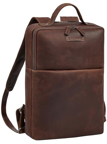 STILORD 'Noé' Mochila Elegante para Ordenador de 14 Pulgadas Mochilas de Cuero para Negocios Hombre Mujer Backpack de Trabajo Cuero Genuino, Color:sapelli - marrón