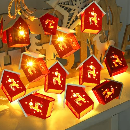 DZAY Décoration de Noël Intérieur Guirlandes Lumineuses avec 10 Petites Maisons en Bois Fées, Éclairage de Noël Intérieur Maisons String Lights, Décoration de Noël LED Guirlande Lumineuse pour