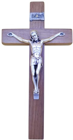 Crucifijo de pared – Artesanal fabricado en Italia Cristo e INRI chapado en plata 999 – Crucifijos de pared de madera, madera de nogal noble – Cuidado y precisión de los detalles de Jesús – 25 x 13 cm