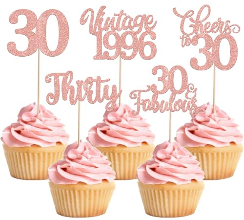 30 Pack Vintage 1996 Cupcake Toppers Glitter Hello 30 Thirty Happy 30th Birthday Cupcake Picks Cheers to 30 Fabulous Cake Decorations for 30th Birthday Wedding Anniversary Party Supplies