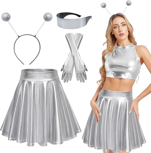 LXWINNER Alien Kostüm Set, Glitzer Alien Haarreif, Metallischer Faltenrock, Metallic Handschuhe, Glitzer Alien Haarreif, Alien Brille, Alien Costume Accessory, für Karneval Mottoparty Kostüm Zubehör