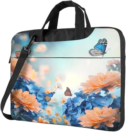 Mexpekil Sacoche pour ordinateur portable avec bandoulière Motif hortensias bleus Orange Marguerite Papillon, multicolore, 15.6 inch