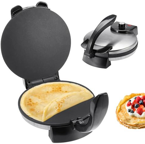 Máquina para hacer tortillas, 10 antiadherente 2000W eléctrica para crepes, control de temperatura ajustable, plancha antiadherente para hacer panqueques con mango, para chapati, tortillas, roti